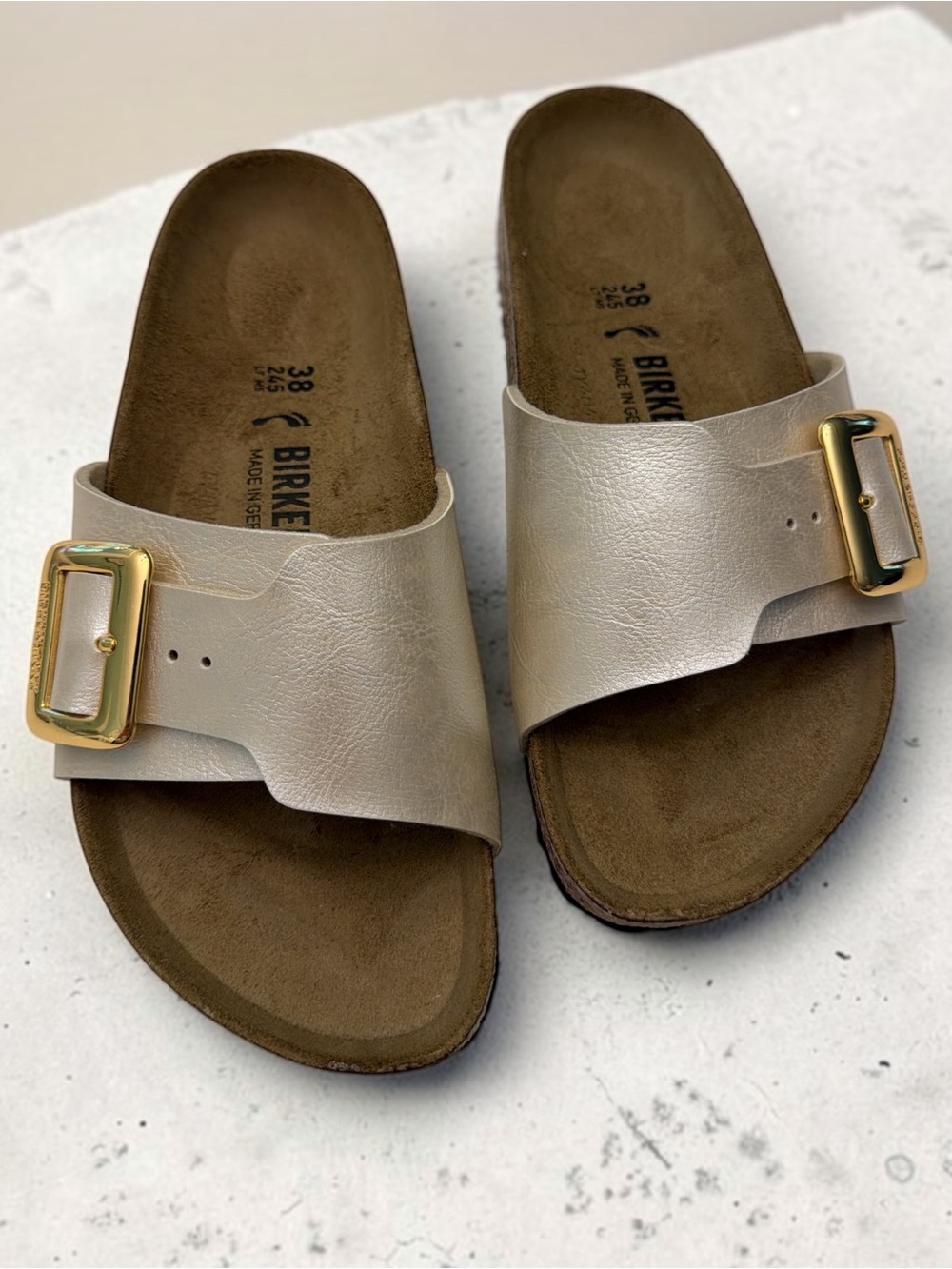 Birkenstock Madrid Graceful Pearl White Single-Buckle Slide Sandals